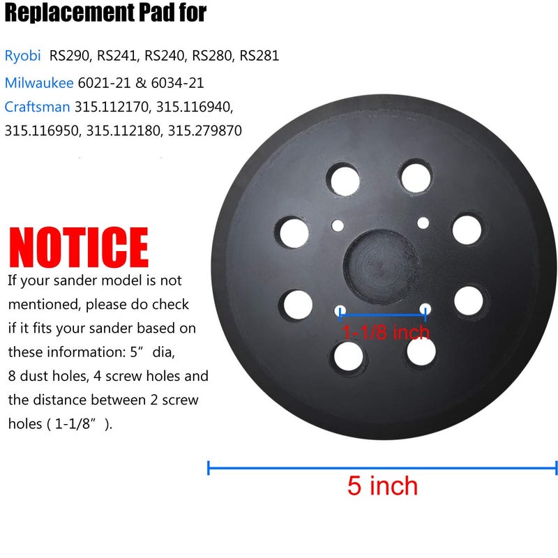 Tockrop 5" Universal Replacement Sander Pad for Ryobi RS290, RS240, RS280, Ridgid R2600, R2601, Craftsman 315112170, 315116940 ROS Sander - 5 Inch 8 Hole Hook and Loop Sanding Pad - Image 2